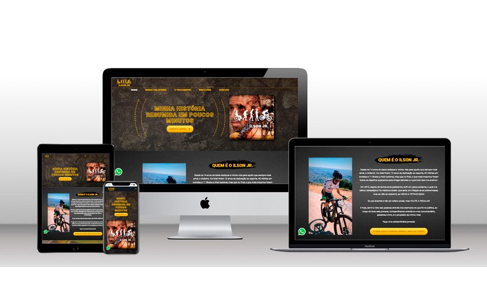 Mockup do site oficial de Ilson Jr., exibido em diferentes dispositivos — celular, tablet, notebook e desktop. O design responsivo destaca imagens de ciclismo, foto do autor, botões de ação em destaque e seções sobre sua história, palestras e livros.