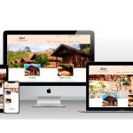 Mockup do site da Hospedagem & Buffet Pousada Cambuhy exibido em diferentes dispositivos — celular, tablet, notebook e desktop. O design responsivo apresenta imagens de natureza, áreas externas para eventos e hospedagem aconchegante, destacando o espaço como local de alto padrão ideal para celebrações ao ar livre.