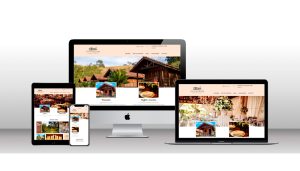 Mockup do site da Hospedagem & Buffet Pousada Cambuhy exibido em diferentes dispositivos — celular, tablet, notebook e desktop. O design responsivo apresenta imagens de natureza, áreas externas para eventos e hospedagem aconchegante, destacando o espaço como local de alto padrão ideal para celebrações ao ar livre.
