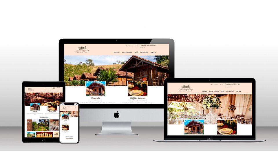 Mockup do site da Hospedagem & Buffet Pousada Cambuhy exibido em diferentes dispositivos — celular, tablet, notebook e desktop. O design responsivo apresenta imagens de natureza, áreas externas para eventos e hospedagem aconchegante, destacando o espaço como local de alto padrão ideal para celebrações ao ar livre.