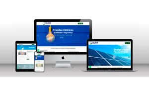 Mockup do site da Telsul Engenharia Elétrica exibido em diferentes dispositivos — celular, tablet, notebook e desktop. O design responsivo apresenta banners sobre projetos elétricos, energia solar fotovoltaica e iluminação, destacando a atuação da empresa em diversas áreas.