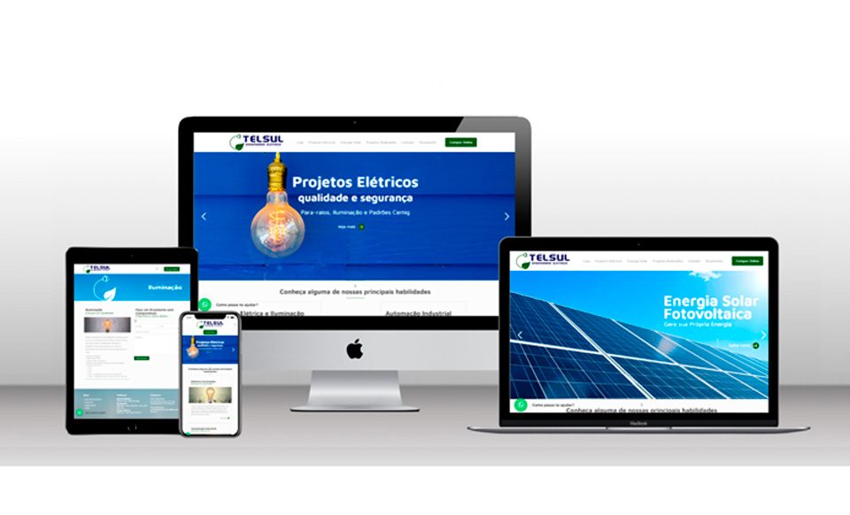 Mockup do site da Telsul Engenharia Elétrica exibido em diferentes dispositivos — celular, tablet, notebook e desktop. O design responsivo apresenta banners sobre projetos elétricos, energia solar fotovoltaica e iluminação, destacando a atuação da empresa em diversas áreas.