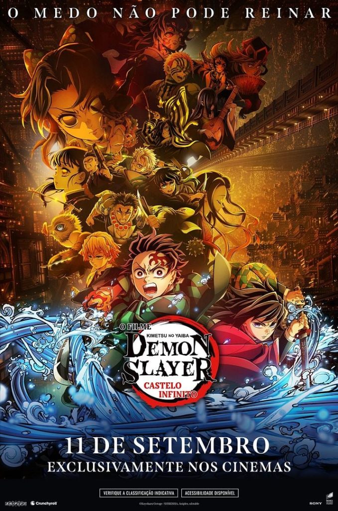 Cena do filme Demon Slayer: Mugen Train mostrando o trem em movimento à noite, com Tanjiro Kamado e seus amigos preparados para a batalha, destacando as tecnologias utilizadas na animação.