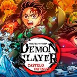 Cena do filme Demon Slayer: Mugen Train mostrando o trem em movimento à noite, com Tanjiro Kamado e seus amigos preparados para a batalha, destacando as tecnologias utilizadas na animação, poster oficial cortado.