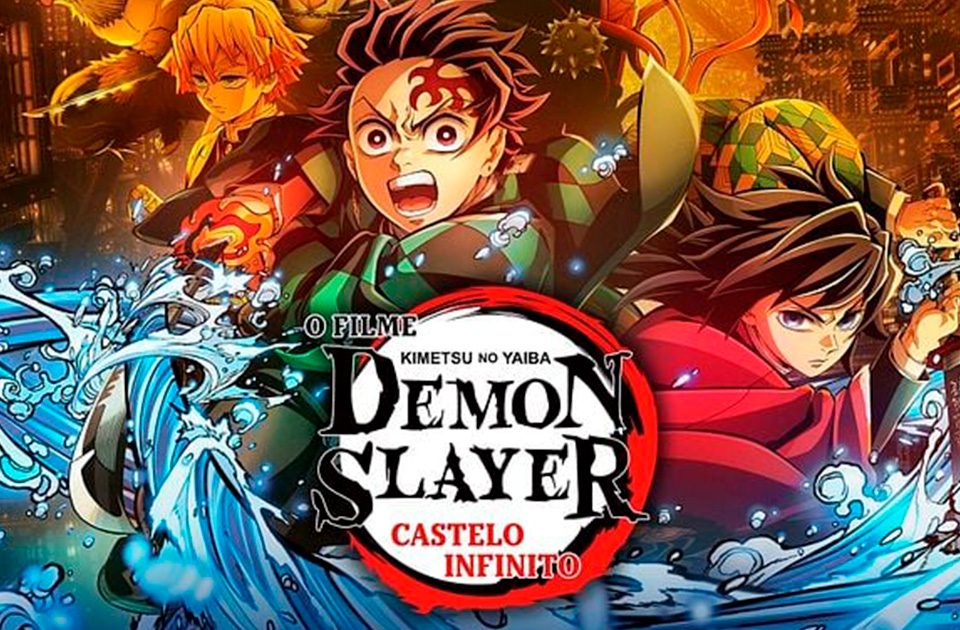 Cena do filme Demon Slayer: Mugen Train mostrando o trem em movimento à noite, com Tanjiro Kamado e seus amigos preparados para a batalha, destacando as tecnologias utilizadas na animação, poster oficial cortado.