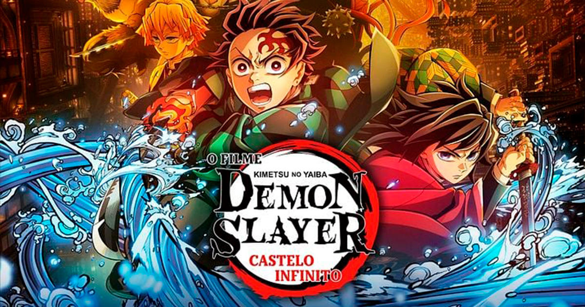 Cena do filme Demon Slayer: Mugen Train mostrando o trem em movimento à noite, com Tanjiro Kamado e seus amigos preparados para a batalha, destacando as tecnologias utilizadas na animação, poster oficial cortado.