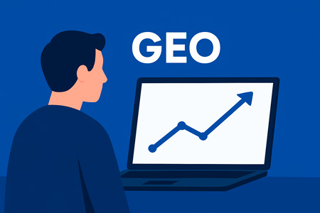 Ilustração em estilo digital mostra uma pessoa olhando para a tela de um notebook, onde aparece um gráfico em linha subindo continuamente. Acima da tela está escrito em letras grandes a sigla “GEO”.