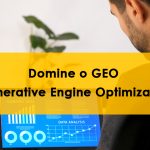 Pessoa de costas para camera olhando para o notebook, onde o mesmo apresenta um gráfico em acessão, uma faixa amarela fina translucida cobre essa imagem e um texto em preto se sobrepõe com os dizeres: Domine o GEO (Generative Engine Optimization)