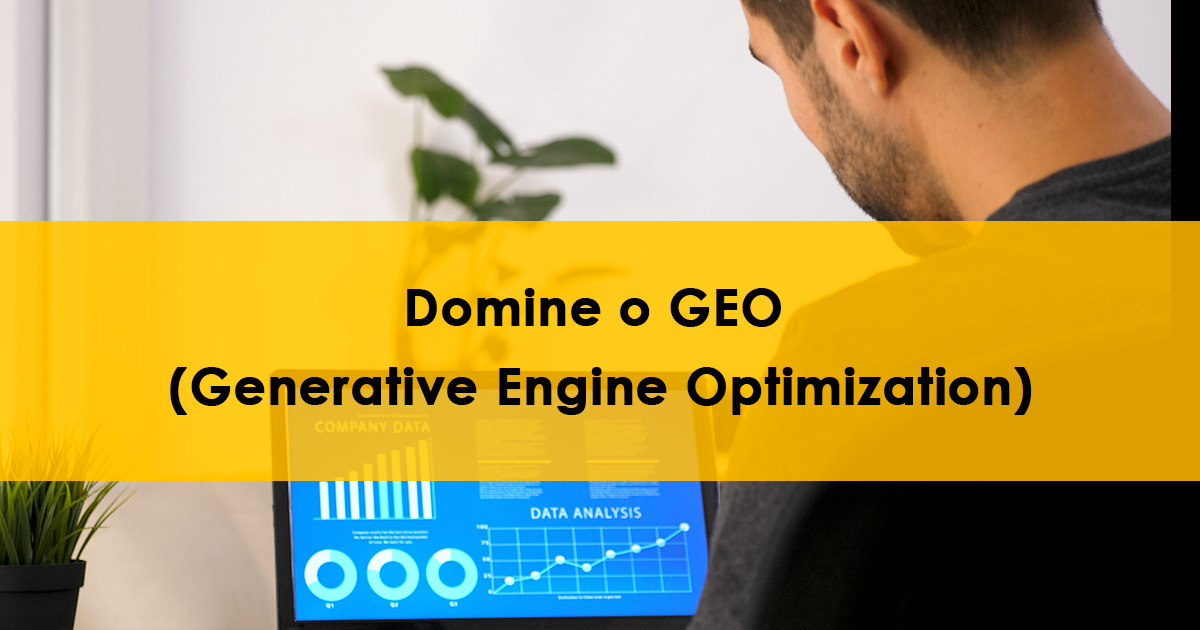 Pessoa de costas para camera olhando para o notebook, onde o mesmo apresenta um gráfico em acessão, uma faixa amarela fina translucida cobre essa imagem e um texto em preto se sobrepõe com os dizeres: Domine o GEO (Generative Engine Optimization)