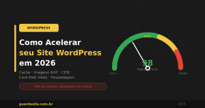 Capa do guia sobre como acelerar o site WordPress em 2026 com velocímetro do PageSpeed Insights marcando 98 pontos, dicas de cache, AVIF, CDN e Core Web Vitals — Guarda Site