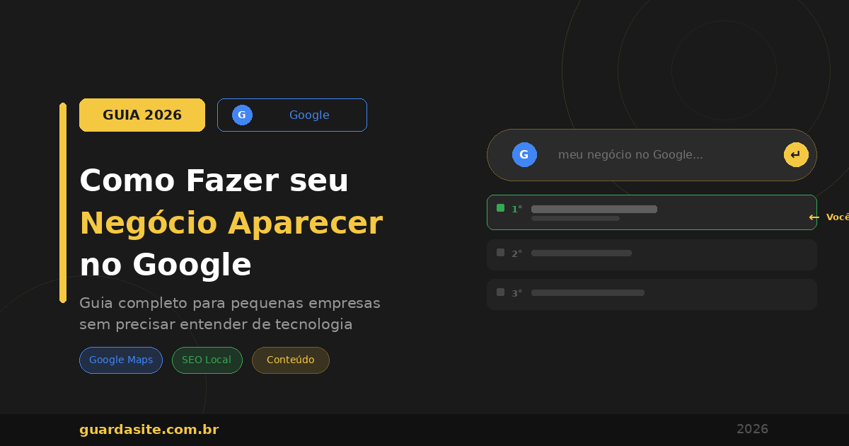 Guia completo para fazer seu negócio aparecer no Google em 2026 com Google Meu Negócio, SEO local e site profissional para pequenas empresas — Guarda Site