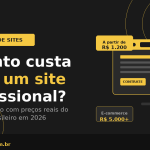 Infográfico com o texto 'Quanto custa criar um site profissional?' sobre fundo escuro com detalhes amarelos, mostrando preços a partir de R$ 1.200 e mockup de navegador — Guarda Site