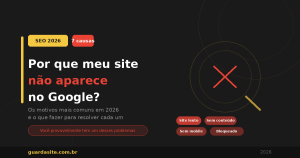 Capa do post sobre os 7 motivos pelos quais um site não aparece no Google em 2026, com ícone de lupa e X vermelho indicando problemas de SEO — Guarda Site