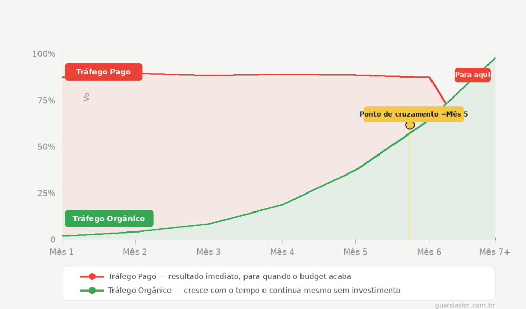 Gráfico comparando tráfego pago e orgânico ao longo de 7 meses, mostrando queda do pago após corte de verba e crescimento contínuo do orgânico — Guarda Site
