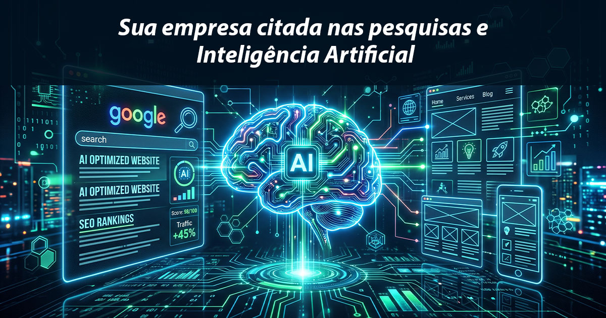 Imagem tecnológica mostrando um cérebro e pesquisas na internet com tema cibernético para o post sobre criação de sites otimizados para pesquisas e IA Guarda Site