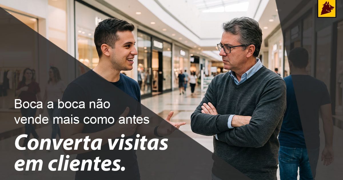 Pessoa tentando indicar alguém para outra que apresenta ser mais experiente e está desconfiada. Texto da imagem "Boca a boca não vende mais como antes" e "Converta visitas em clientes."