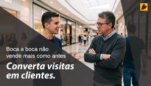 Pessoa tentando indicar alguém para outra que apresenta ser mais experiente e está desconfiada. Texto da imagem "Boca a boca não vende mais como antes" e "Converta visitas em clientes."
